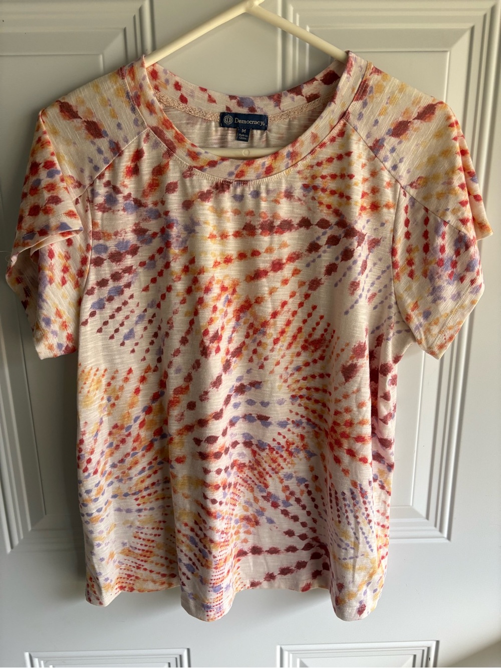 Democracy Cream Short Sleeve Knit Top with Red, Orange & Purple Dots